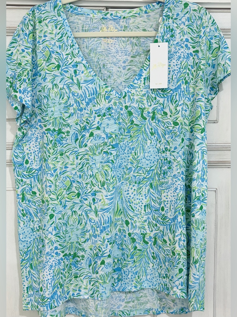 NWT SZ L Lilly Pulitzer Etta V Neck Blue & Green Dandy lions Tee